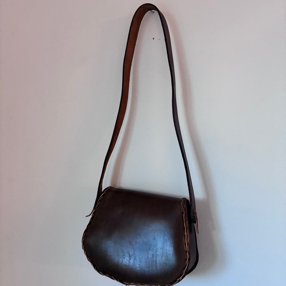 Vintage Handmade Brown Leather Saddle Bag Crossbody | Boho Western Artisan Purse - Picture 11 of 16